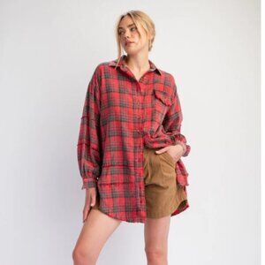 The Perfect Plaid Oversized Mineral Washed Shirt in Redfoam Size L NWOT